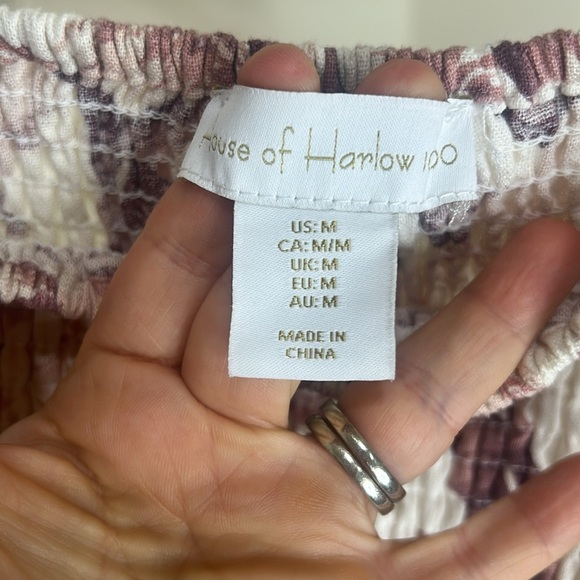 House of Harlow 1960 Linen Smocked Pink Palm Midi Dress Bishop Sleeve Medium - Picture 6 of 16